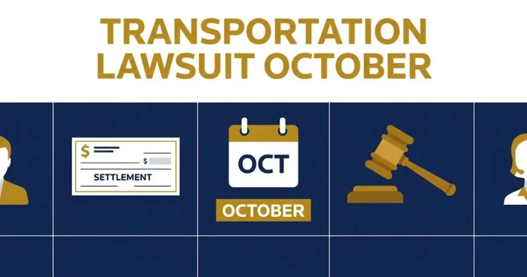 transportation lawsuit october settlement graphic with calendar and legal icons