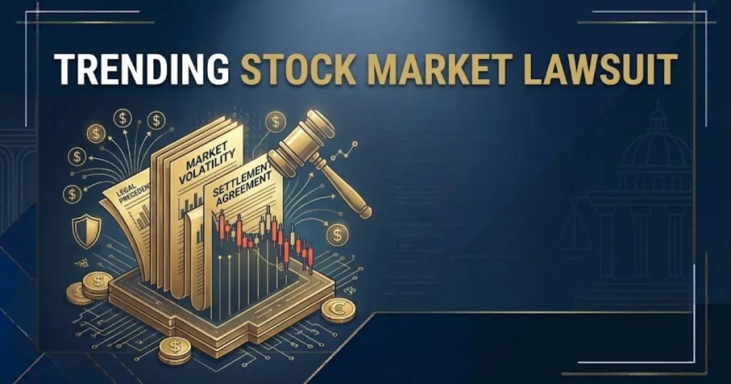 trending stock market lawsuit hero banner with gavel silhouette and stock chart on navy background