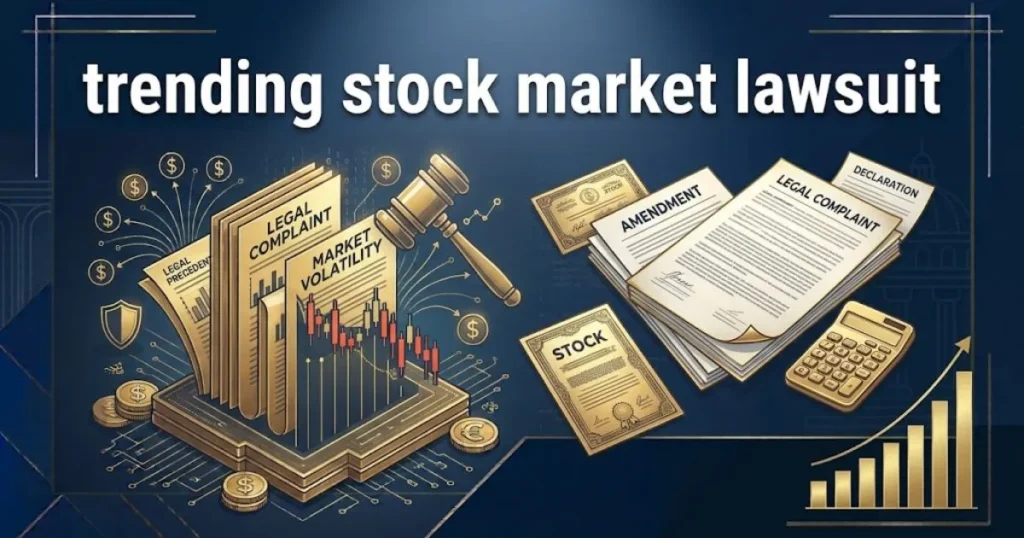 trending stock market lawsuit supporting graphic with legal documents and stock chart icons on navy desk