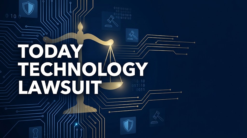Bold headline reading today technology lawsuit over abstract navy and gold digital courtroom scene with scales of justice