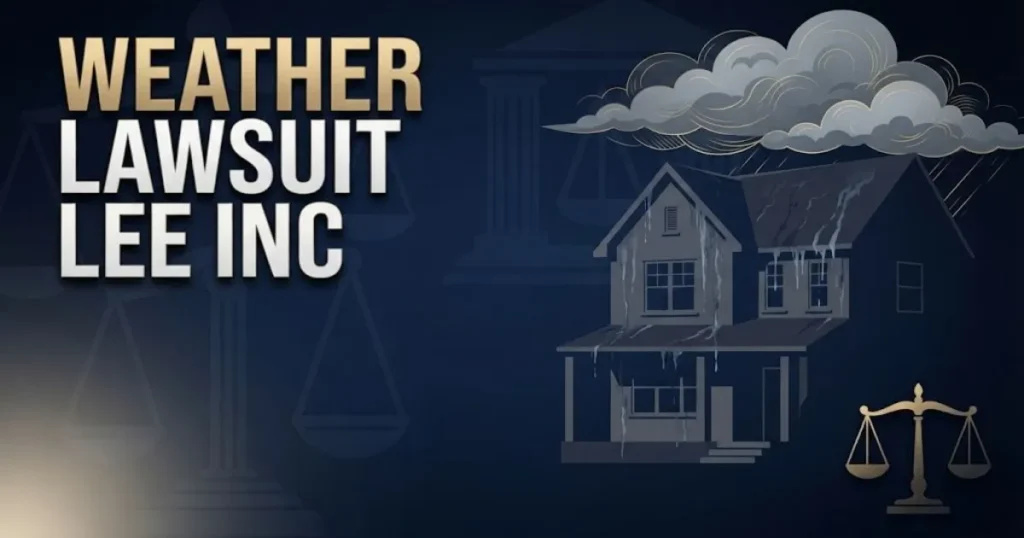 weather lawsuit lee inc hero banner with storm-damaged house silhouette and legal scales on navy background