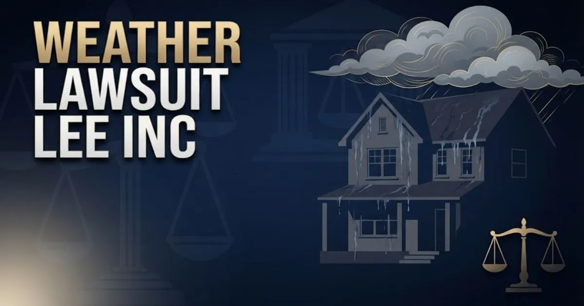 weather lawsuit lee inc hero banner with storm-damaged house silhouette and legal scales on navy background