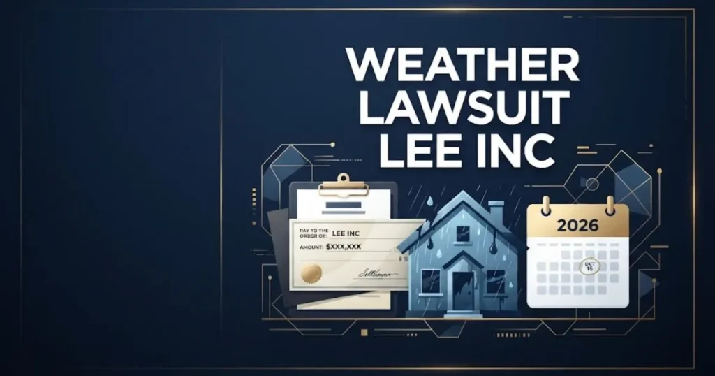 weather lawsuit lee inc settlement graphic with clipboard, damaged house icon, and 2026 calendar on navy background